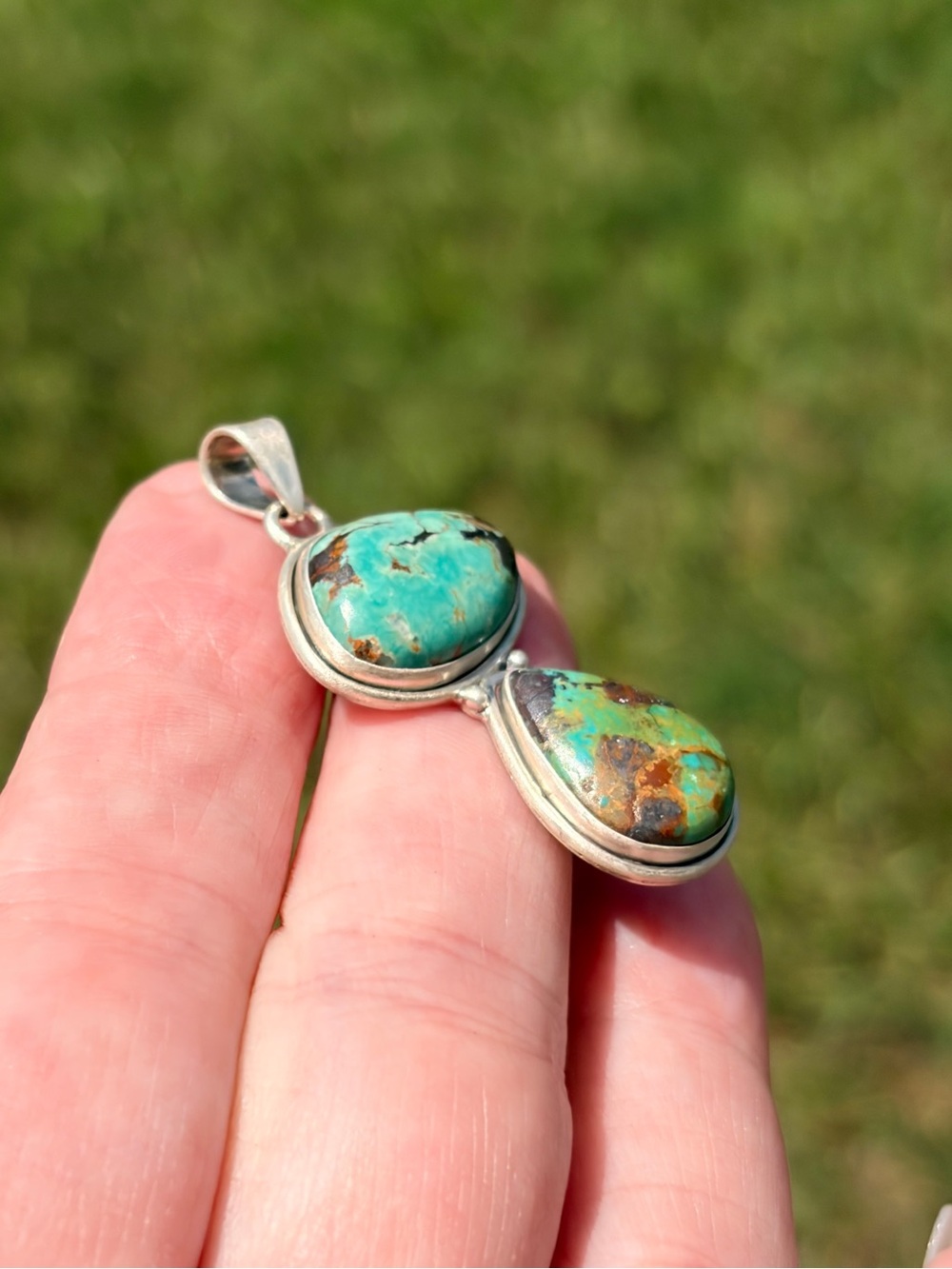 925 Sterling Silver Royston Ribbon Turquoise Double-Drop Pendant - Picture 3 of 11